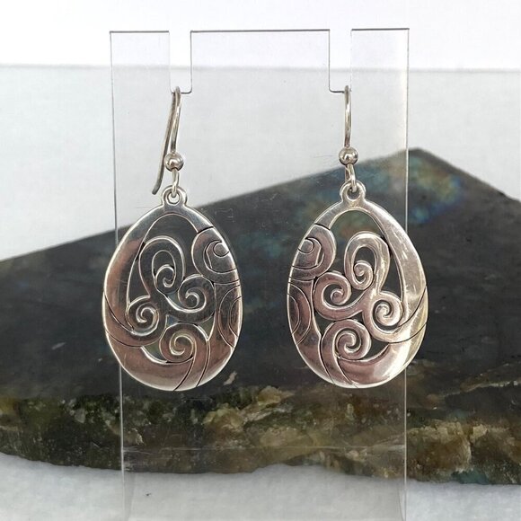 Solid Sterling Silver 925 Thailand Open Scrollwork Teardrop Dangle Drop Earrings - Picture 11 of 16